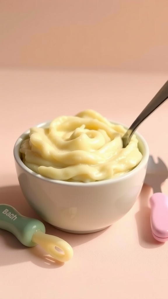 A bowl of smooth mashed potatoes for babies, with baby utensils in the background.
